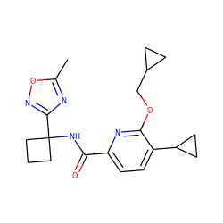 Cc1nc(C2(NC(=O)c3ccc(C4CC4)c(OCC4CC4)n3)CCC2)no1 ZINC000150118049