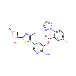 Cc1nc(C2(O)CN(C)C2)sc1-c1cnc(N)c(O[C@H](C)c2cc(F)ccc2-n2nccn2)c1 ZINC000103249681