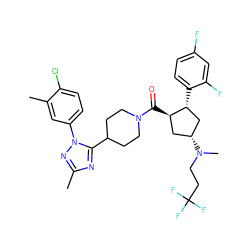 Cc1nc(C2CCN(C(=O)[C@@H]3C[C@@H](N(C)CCC(F)(F)F)C[C@H]3c3ccc(F)cc3F)CC2)n(-c2ccc(Cl)c(C)c2)n1 ZINC000096175694