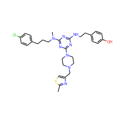 Cc1nc(CN2CCN(c3nc(NCCc4ccc(O)cc4)nc(N(C)CCCc4ccc(Cl)cc4)n3)CC2)cs1 ZINC000027630210