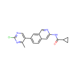 Cc1nc(Cl)ncc1-c1ccc2cc(NC(=O)C3CC3)ncc2c1 ZINC000169700095