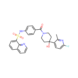 Cc1nc(F)ccc1C1(O)CCN(C(=O)c2ccc(NS(=O)(=O)c3cccc4cccnc34)cc2)CC1 ZINC000220700988