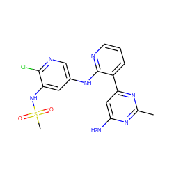 Cc1nc(N)cc(-c2cccnc2Nc2cnc(Cl)c(NS(C)(=O)=O)c2)n1 ZINC000113151941