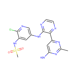 Cc1nc(N)cc(-c2nccnc2Nc2cnc(Cl)c(NS(C)(=O)=O)c2)n1 ZINC000113151685