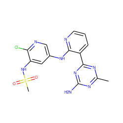 Cc1nc(N)nc(-c2cccnc2Nc2cnc(Cl)c(NS(C)(=O)=O)c2)n1 ZINC000095561706