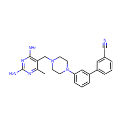 Cc1nc(N)nc(N)c1CN1CCN(c2cccc(-c3cccc(C#N)c3)c2)CC1 ZINC001772609789