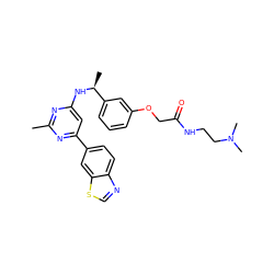 Cc1nc(N[C@@H](C)c2cccc(OCC(=O)NCCN(C)C)c2)cc(-c2ccc3ncsc3c2)n1 ZINC000653678260