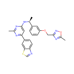 Cc1nc(N[C@@H](C)c2cccc(OCc3noc(C)n3)c2)cc(-c2ccc3ncsc3c2)n1 ZINC000653755702