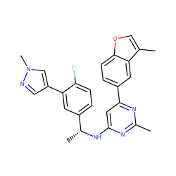 Cc1nc(N[C@H](C)c2ccc(F)c(-c3cnn(C)c3)c2)cc(-c2ccc3occ(C)c3c2)n1 ZINC000141819791