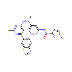 Cc1nc(N[C@H](C)c2cccc(NC(=O)c3ccn(C)n3)c2)cc(-c2ccc3ncsc3c2)n1 ZINC000141806880