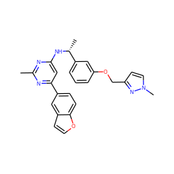 Cc1nc(N[C@H](C)c2cccc(OCc3ccn(C)n3)c2)cc(-c2ccc3occc3c2)n1 ZINC000141805783