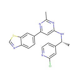 Cc1nc(N[C@H](C)c2ccnc(Cl)c2)cc(-c2ccc3ncsc3c2)n1 ZINC000142009940