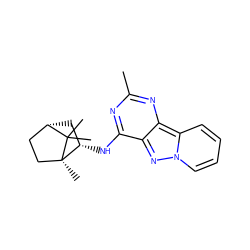 Cc1nc(N[C@H]2C[C@H]3CC[C@@]2(C)C3(C)C)c2nn3ccccc3c2n1 ZINC000653744946