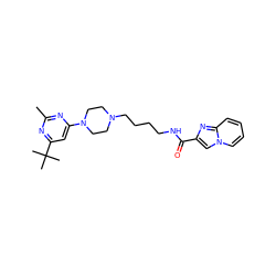 Cc1nc(N2CCN(CCCCNC(=O)c3cn4ccccc4n3)CC2)cc(C(C)(C)C)n1 ZINC000299829861