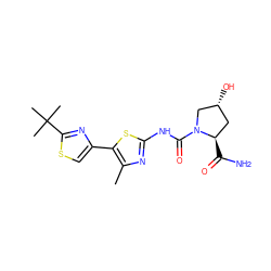 Cc1nc(NC(=O)N2C[C@H](O)C[C@H]2C(N)=O)sc1-c1csc(C(C)(C)C)n1 ZINC000139986300