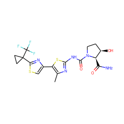 Cc1nc(NC(=O)N2CC[C@@H](O)[C@H]2C(N)=O)sc1-c1csc(C2(C(F)(F)F)CC2)n1 ZINC000145105018