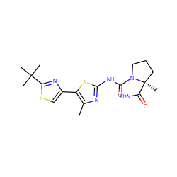 Cc1nc(NC(=O)N2CCC[C@@]2(C)C(N)=O)sc1-c1csc(C(C)(C)C)n1 ZINC000140008210