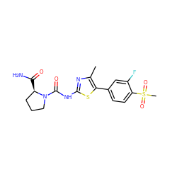 Cc1nc(NC(=O)N2CCC[C@H]2C(N)=O)sc1-c1ccc(S(C)(=O)=O)c(F)c1 ZINC000084668166