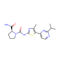 Cc1nc(NC(=O)N2CCC[C@H]2C(N)=O)sc1-c1ccnc(C(C)C)n1 ZINC000096272377