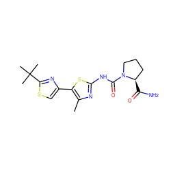 Cc1nc(NC(=O)N2CCC[C@H]2C(N)=O)sc1-c1csc(C(C)(C)C)n1 ZINC000043206649