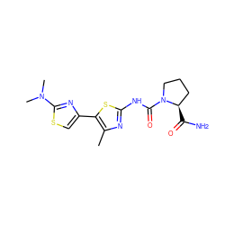 Cc1nc(NC(=O)N2CCC[C@H]2C(N)=O)sc1-c1csc(N(C)C)n1 ZINC000140008385