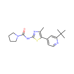 Cc1nc(NC(=O)N2CCCC2)sc1-c1ccnc(C(C)(C)C)c1 ZINC000096272381