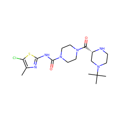 Cc1nc(NC(=O)N2CCN(C(=O)[C@H]3CN(C(C)(C)C)CCN3)CC2)sc1Cl ZINC000139639750