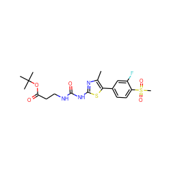 Cc1nc(NC(=O)NCCC(=O)OC(C)(C)C)sc1-c1ccc(S(C)(=O)=O)c(F)c1 ZINC000084706183