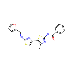 Cc1nc(NC(=O)c2ccccc2)sc1-c1csc(NCc2ccco2)n1 ZINC000000888677