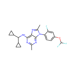 Cc1nc(NC(C2CC2)C2CC2)c2nc(C)n(-c3ccc(OC(F)F)cc3F)c2n1 ZINC000072123008