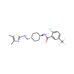 Cc1nc(NC[C@H]2CC[C@H](NC(=O)c3cc(C(F)(F)F)ccc3Cl)CC2)sc1C ZINC000261094183