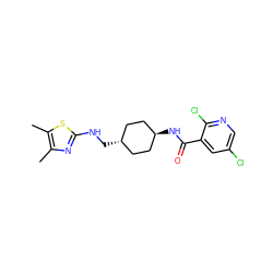 Cc1nc(NC[C@H]2CC[C@H](NC(=O)c3cc(Cl)cnc3Cl)CC2)sc1C ZINC000261192978