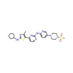 Cc1nc(NC2CCCC2)sc1-c1ccnc(Nc2ccc(N3CCN(S(C)(=O)=O)CC3)cn2)n1 ZINC001772601807