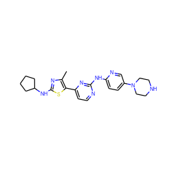 Cc1nc(NC2CCCC2)sc1-c1ccnc(Nc2ccc(N3CCNCC3)cn2)n1 ZINC001772573765