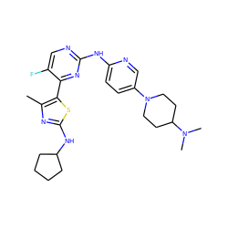 Cc1nc(NC2CCCC2)sc1-c1nc(Nc2ccc(N3CCC(N(C)C)CC3)cn2)ncc1F ZINC001772644335