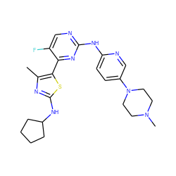 Cc1nc(NC2CCCC2)sc1-c1nc(Nc2ccc(N3CCN(C)CC3)cn2)ncc1F ZINC001772580729