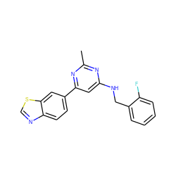 Cc1nc(NCc2ccccc2F)cc(-c2ccc3ncsc3c2)n1 ZINC000653673694