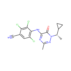 Cc1nc(Nc2c(Cl)cc(C#N)c(Cl)c2Cl)c(=O)n([C@@H](C)C2CC2)n1 ZINC000049035846