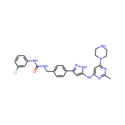 Cc1nc(Nc2cc(-c3ccc(CNC(=O)Nc4cccc(Cl)c4)cc3)n[nH]2)cc(N2CCNCC2)n1 ZINC000096270642