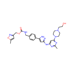 Cc1nc(Nc2cc(-c3ccc(CNC(=O)OCc4cc(C)on4)cc3)[nH]n2)cc(N2CCN(CCO)CC2)n1 ZINC000084710788