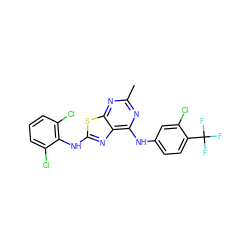 Cc1nc(Nc2ccc(C(F)(F)F)c(Cl)c2)c2nc(Nc3c(Cl)cccc3Cl)sc2n1 ZINC000040875713