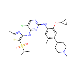 Cc1nc(Nc2nc(Nc3cc(C)c(C4CCN(C)CC4)cc3OC3CC3)ncc2Cl)c(S(=O)(=O)C(C)C)s1 ZINC000653729347