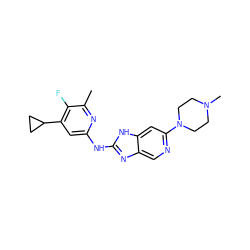 Cc1nc(Nc2nc3cnc(N4CCN(C)CC4)cc3[nH]2)cc(C2CC2)c1F ZINC000299834476