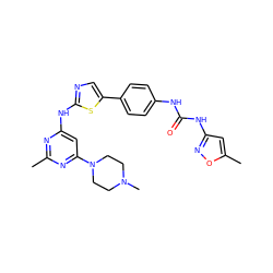 Cc1nc(Nc2ncc(-c3ccc(NC(=O)Nc4cc(C)on4)cc3)s2)cc(N2CCN(C)CC2)n1 ZINC000222002362