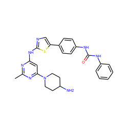 Cc1nc(Nc2ncc(-c3ccc(NC(=O)Nc4ccccc4)cc3)s2)cc(N2CCC(N)CC2)n1 ZINC000222003292