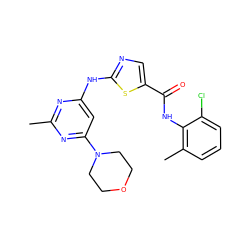 Cc1nc(Nc2ncc(C(=O)Nc3c(C)cccc3Cl)s2)cc(N2CCOCC2)n1 ZINC000014952212