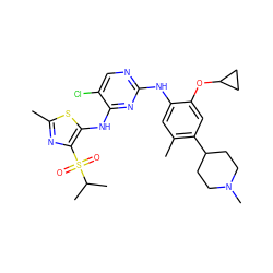 Cc1nc(S(=O)(=O)C(C)C)c(Nc2nc(Nc3cc(C)c(C4CCN(C)CC4)cc3OC3CC3)ncc2Cl)s1 ZINC000653729300