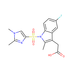 Cc1nc(S(=O)(=O)n2c(C)c(CC(=O)O)c3cc(F)ccc32)cn1C ZINC000013673923