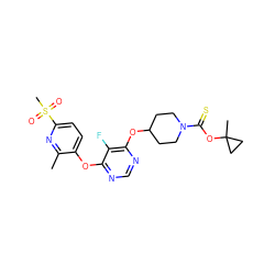 Cc1nc(S(C)(=O)=O)ccc1Oc1ncnc(OC2CCN(C(=S)OC3(C)CC3)CC2)c1F ZINC000299829495