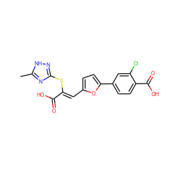 Cc1nc(S/C(=C\c2ccc(-c3ccc(C(=O)O)c(Cl)c3)o2)C(=O)O)n[nH]1 ZINC000009350922